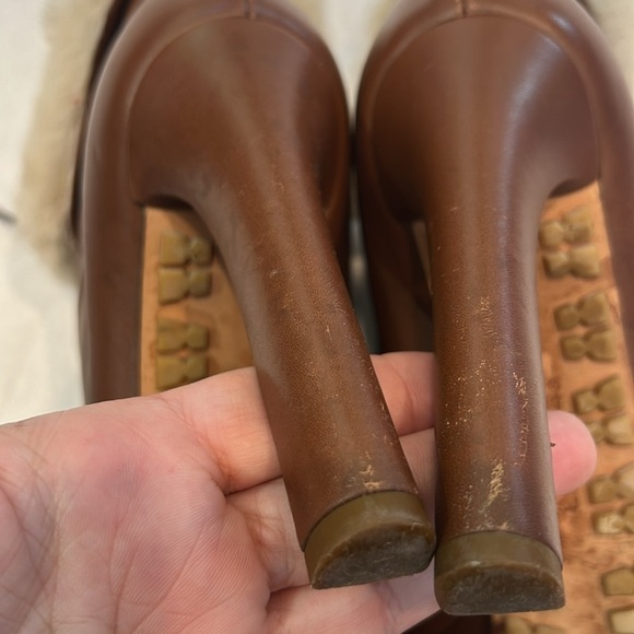 GUCCI MARMONT LOGO cognac LEATHER ANKLE BOOTS FAUX FUR TRIM WOMEN’S Size 7 / 37 - Picture 6 of 11